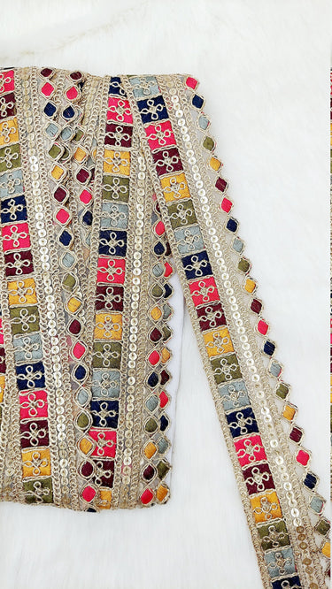 Gold Sequin Border With Multicoloured Floral Embroidery, Beige Shimmer Lace Trim, Decorative Trim